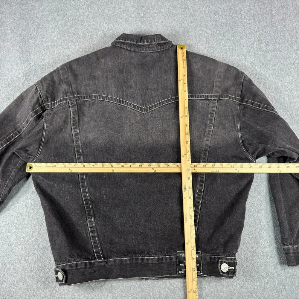 True Religion Denim Jacket Mens Medium Black Y2K Trucker Workwear Hip Hop Grunge